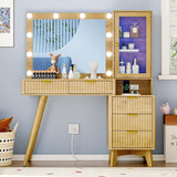 Fluted Vanity Desk with Mirror and Lights, 45" Glass Top Makeup Table Set with 5 Drawers, Power Outlet & Storage Cabinet, Large Dressing Table with RGB Ambient Light for Bedroom Women Girls, Oak Xixini