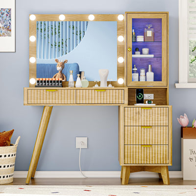 Fluted Vanity Desk with Mirror and Lights, 45" Glass Top Makeup Table Set with 5 Drawers, Power Outlet & Storage Cabinet, Large Dressing Table with RGB Ambient Light for Bedroom Women Girls, Oak
