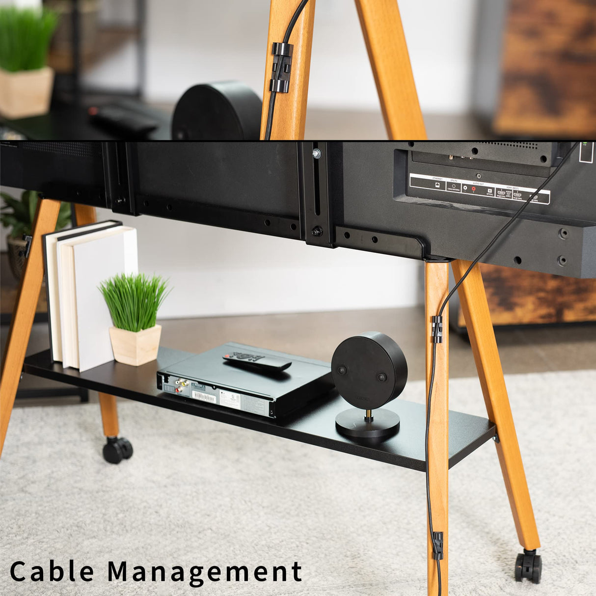 VIVO Rolling Artistic Easel 49 to 75 inch LED LCD Screen Mobile Studio TV Display Stand, Wood Accessory Shelf, Adjustable TV Mount with 4 Walnut Legs, Black Frame, STAND-TV75R VIVO