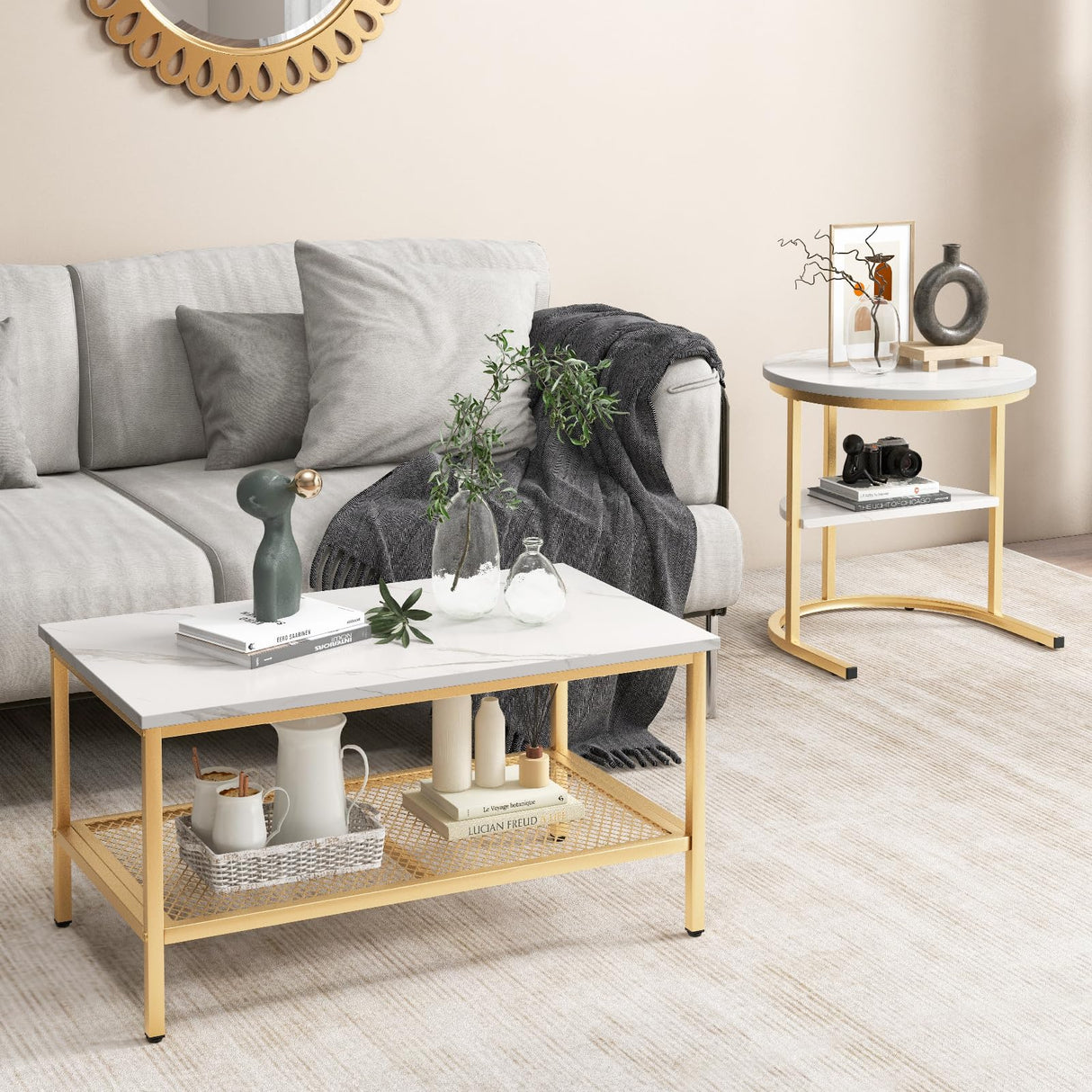 KOTEK Nesting Coffee Table Set of 2, Detachable Rectangular Coffee Table & Small Round End Table Set, Faux Marble Pattern & Sturdy Metal Frame, Modern Nesting Tables for Living Room (Gold) KOTEK