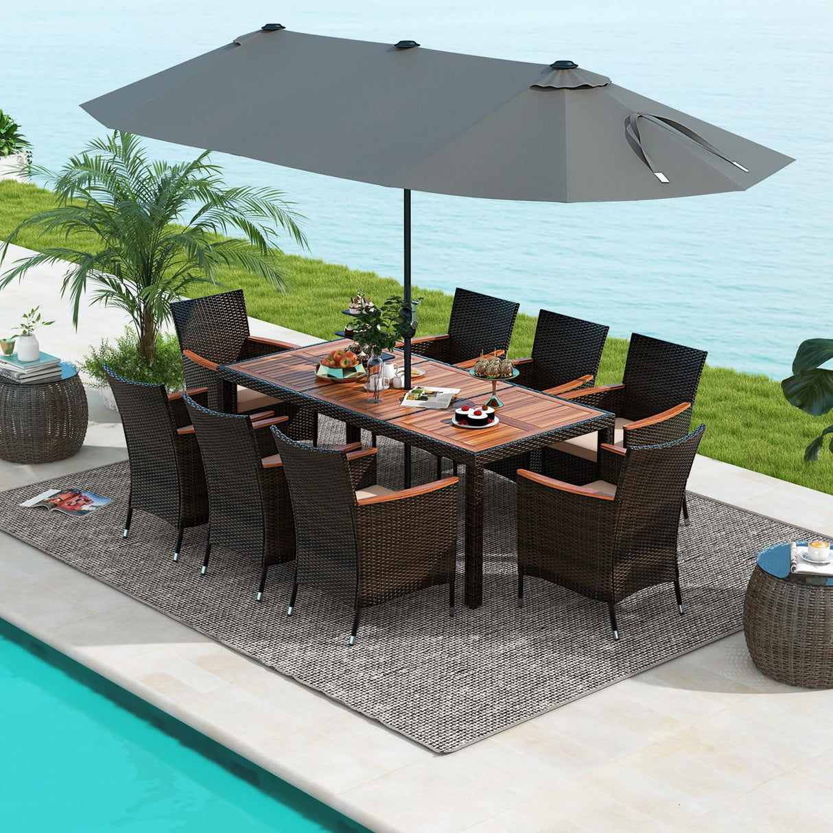 Tangkula 10 Piece Patio Rattan Dining Set with 15Ft Double-Sided Umbrella, Outdoor Heavy Duty Acacia Wood Table and Stackable Wicker Chairs Set, Umbrella with Weighted Base (Grey) Tangkula