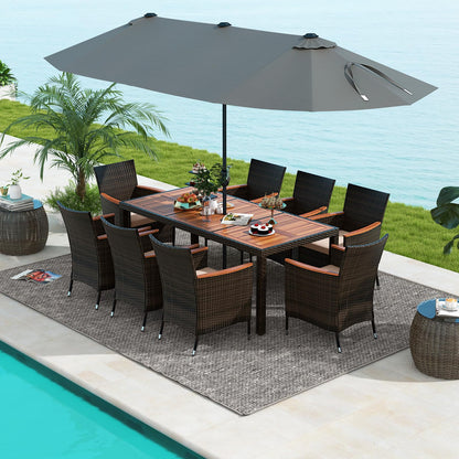 Tangkula 10 Piece Patio Rattan Dining Set with 15Ft Double-Sided Umbrella, Outdoor Heavy Duty Acacia Wood Table and Stackable Wicker Chairs Set, Umbrella with Weighted Base (Grey) - WoodArtSupply