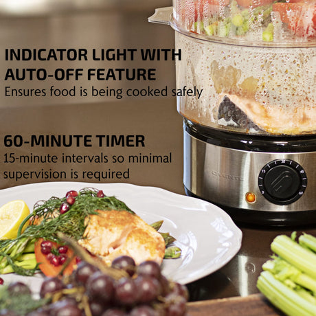 OVENTE 2 Tier Electric Food Steamer for Cooking Vegetables, Stainless Steel Base, Stackable and Dishwasher Safe Baskets, 400W with Auto Shutoff and 60-Minute Timer, 5 Quart Capacity, Silver FS62S OVENTE