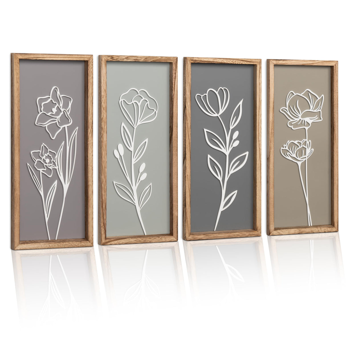 3D Wooden Floral Bathroom Wall Decor (Set of 4) Lightweight, Ready-to-Hang Framed Wall Art For Living Room, Bedroom, or Office - Premium Boho Botanical Farmhouse Decorations - Gift-Boxed Tide and Tales