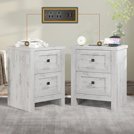 AMERLIFE Large Nightstand Set of 2 with Charging Station, Bedside Table with USB Ports and Outlets, Farmhouse Wood End Table for Bedroom, Living Room, Distressed White AMERLIFE