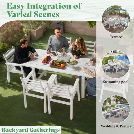 AMERLIFE 7-Piece HDPE Outdoor Dining Table Set with 6 Chairs, 71" L Patio Dining Furniture Set with Umbrella Hole, Modern Dinner Table & Chairs Set for Garden, Backyard, Poolside, White AMERLIFE