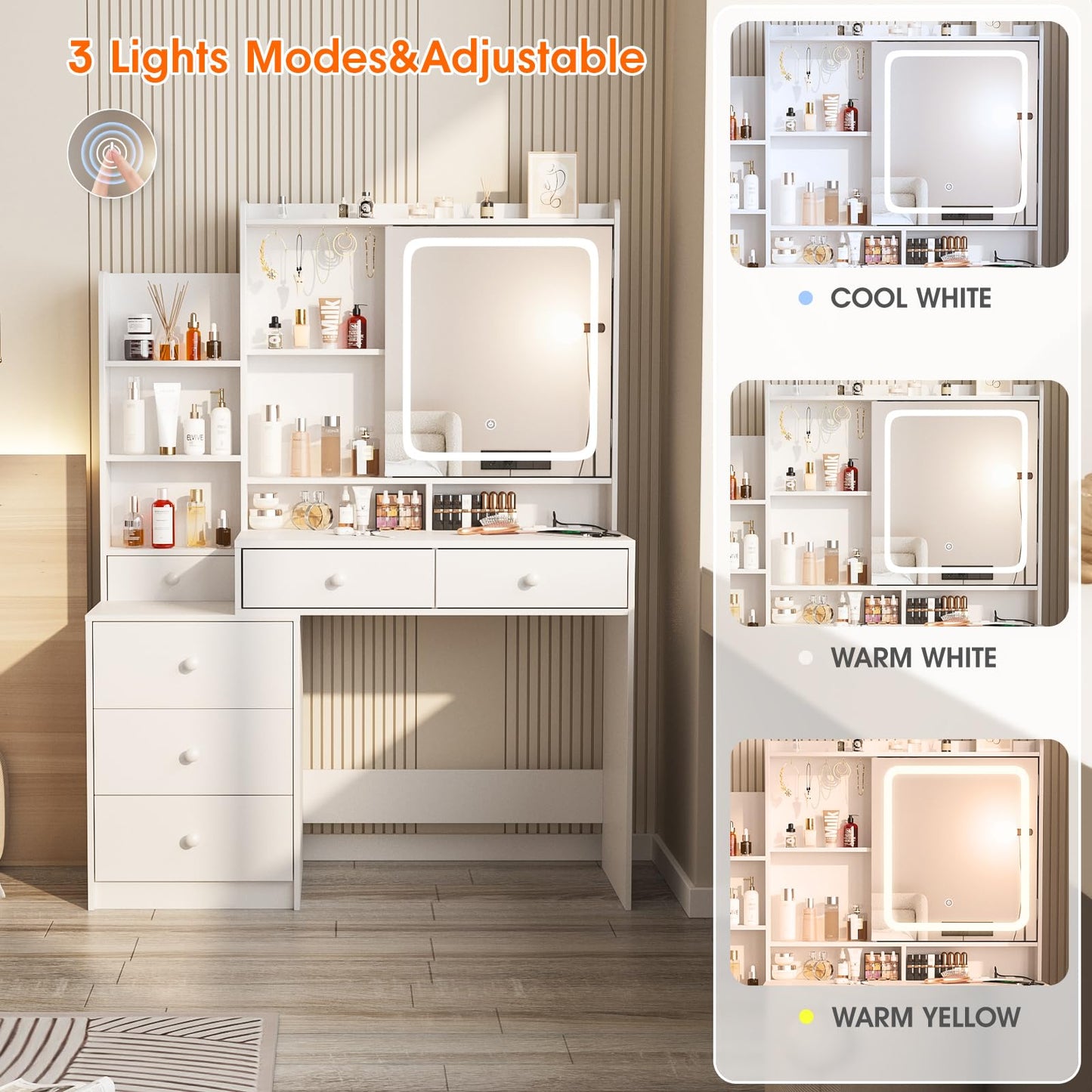 Vabches Vanity Desk with Mirror and Lights,Makeup Vanity with 6 Drawers and Shelves,Vanity Table with Power Outlet,Makeup Desk with Led Lighted Mirror in 3 Colors,for Bedroom,White - WoodArtSupply