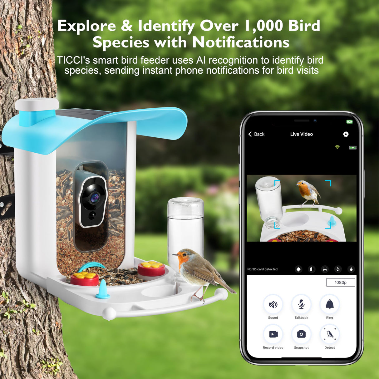T TICCI Smart Bird Feeder with Camera Solar Powered, AI Identify Bird Species Camera Bird Feeders for Outside, Instant Notifications Bird House with Camera, IP65 Weatherproof Bird Watching Gifts T TICCI