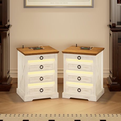 TAGELIER Night Stand Set 2 with Gun Drawer, Farmhouse Bedside Table with Charging Station, Gun Nightstand with LED Light & Human Sensor, Smart End Table for Bedroom, Antique White TAGELIER