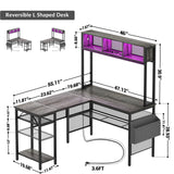 Unikito L-Shaped Computer Desk with RGB LED Lights, USB Ports, and Adjustable Storage Shelves - Black Oak Unikito