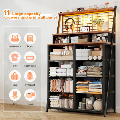 EnHomee Dresser for Bedroom with 11 Drawers Tall Dresser with LED Lights Fabric Chests of Drawers with Grid Wall Panel,3 Tier Shelves,Metal Frame,Closet,Study,Rustic Brown,33.9" Wx11.8 Dx51.2 H