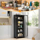 Runboll Kitchen Pantry Storage Cabinet, 6 Tier Metal Sideboard with Wheels and Acrylic Glass Door, Modern Display Curio Cabinet Bookcase Runboll