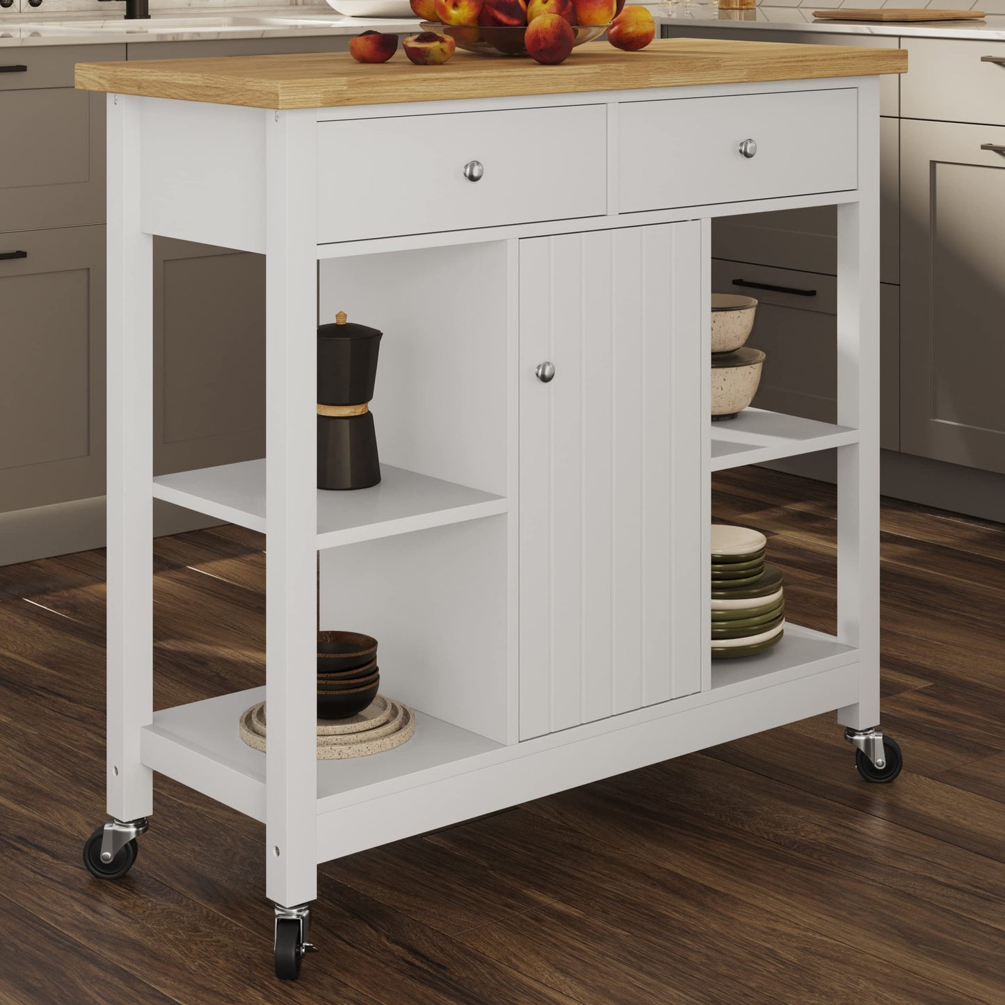 Lavish Home Kitchen Island with Drawers - Rolling Cart with Locking Casters - Use as Coffee Bar, Microwave Stand, or Shelves for Storage (White)