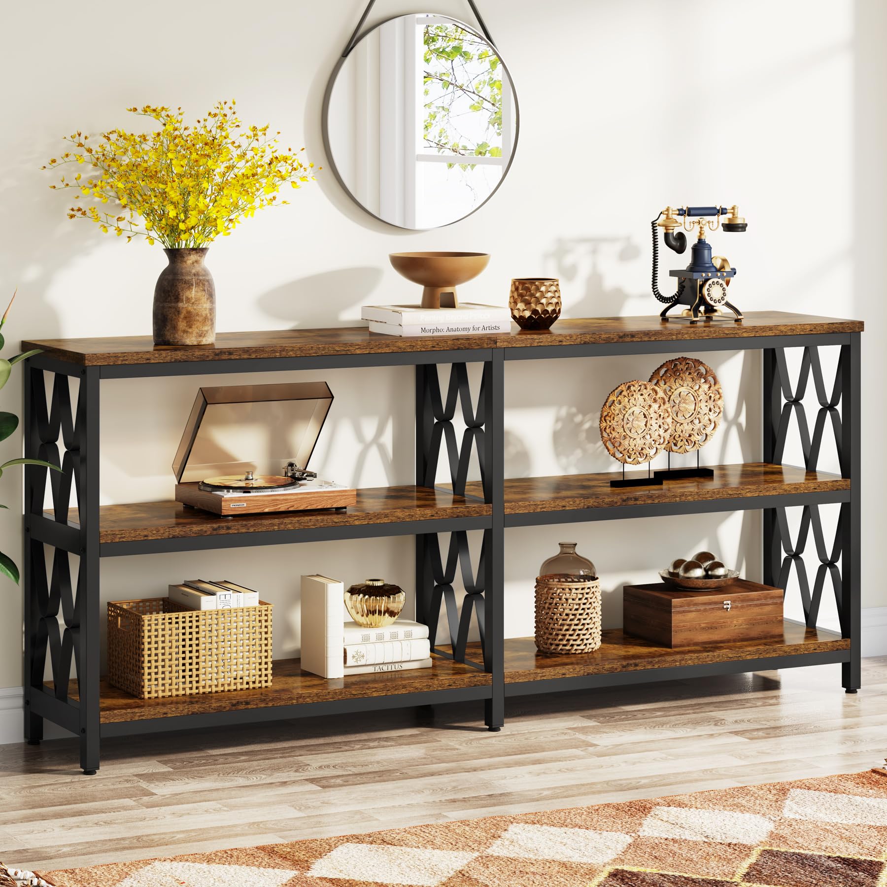 Tribesigns 70.9" Long Console Table with Storage Shelves, Industrial 3-Tier Sofa Table for Living Room, Foyer Table Entryway Table for Hallway, Front Door, Entrance, Rustic Brown & Black - WoodArtSupply