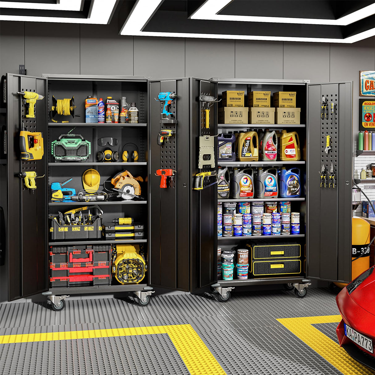 Greenvelly 72" Metal Storage Cabinet with Wheel and Pegboard, Lockable Black Metal Garage Cabinets with 2 Doors and 4 Adjustable Shelves, Rolling Steel Tool Cabinet for Garage, Home Office, School Greenvelly