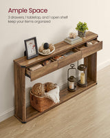 VASAGLE Console Table, 47.2 Inches Sofa Table, Narrow Entryway Table, Entry Table with 3 Drawers, Bottom Shelf, Metal Corners, for Living Room, Bedroom, Farmhouse Style, Honey Brown ULNT143K41 VASAGLE