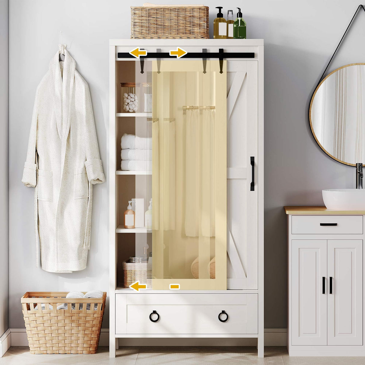 DWVO Bathroom Storage Cabinet, 67" Tall Storage Cabinet with Full Length Mirror ＆ Barn Door, Farmhouse Bathroom Cabinets with Drawers for Kitchen Cabinet, Living Room, Laundry, White Oak DWVO