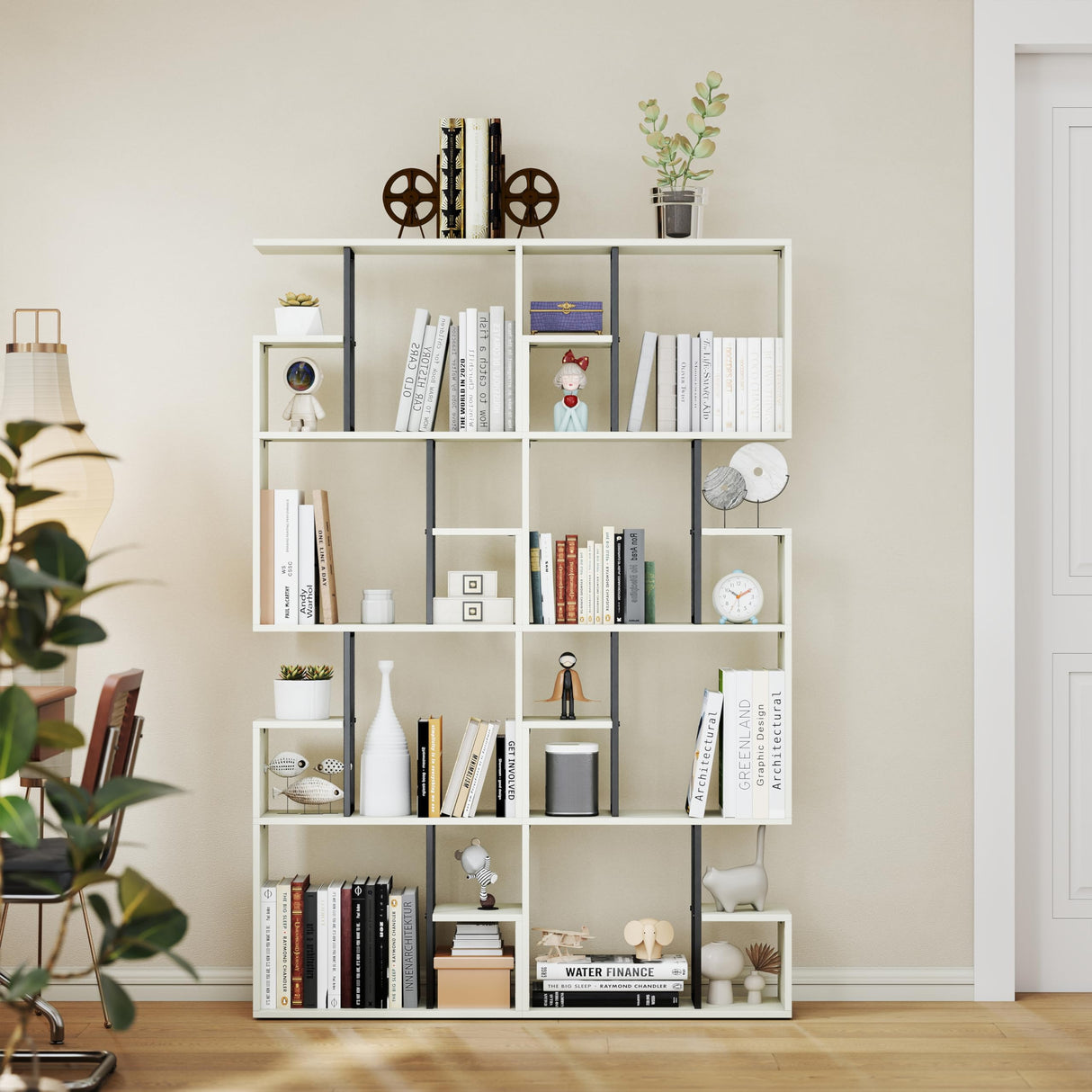 Manora 4 Tier Geometric Bookcase, S Shaped Bookshelf, Modern White Bookcase with Tall Display Shelves, Decorative Storage Shelf for Living Room and Bedroom Manora