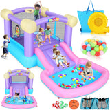 Inflatable Bounce House for Kids 3-6 with Water Slide Ball Pit Pool & 50 Ocean Balls, 5 in 1 Bouncy Castle w/ 6 Sticky Ball Dart Board Game, Basketball Hoop, Storage Bag & Blower Indoor Outdoor Party ROOJER
