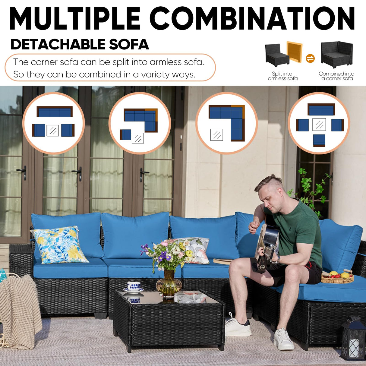 TerraRelax Patio Furniture Set 6 Pieces All Weather Patio Conversation Sets Wicker PE Rattan Outdoor Sectional Couch Sofa Set with Cushion Table for Garden, Backyard, Poolside Peacock Blue TerraRelax
