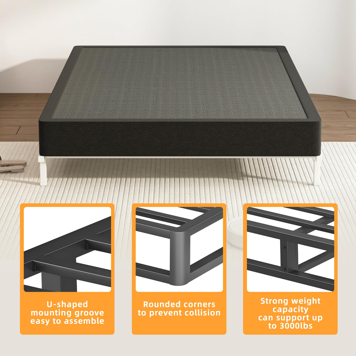 VIPSHOW 7 Inch King Metal Box Spring with Round Corners - 3000 lbs Capacity, High Profile Heavy Duty Mattress Foundation with Steel Slats, Noise-Free, Easy Assemble, Black VIPSHOW