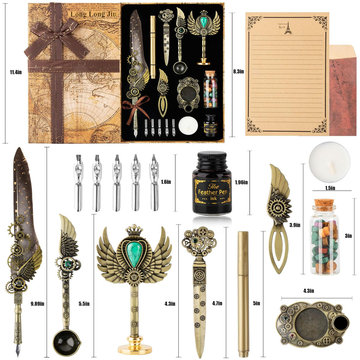 LongLongJin Quill Pen Ink Set with Seal Stamp - Feather Calligraphy Pen and Ink Set, Wax Seal Stamp Kit, Calligraphy Copybook,Beginner Calligraphy Quill Pen Lovers of All Ages Selection Gift (Grey) LongLongJin