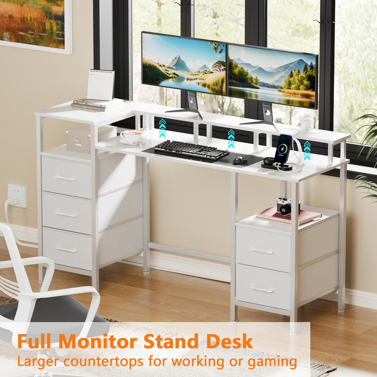 Korfile White Computer Desk with Power Outlets & LED Lights, Reversible Gaming Desk with 5 Fabric Storage Drawers, 47" Home Office Desk with Monitor Stand Shelves for Working, Vanity Table for Bedroom Korfile