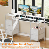 Korfile White Computer Desk with Power Outlets & LED Lights, Reversible Gaming Desk with 5 Fabric Storage Drawers, 47" Home Office Desk with Monitor Stand Shelves for Working, Vanity Table for Bedroom Korfile