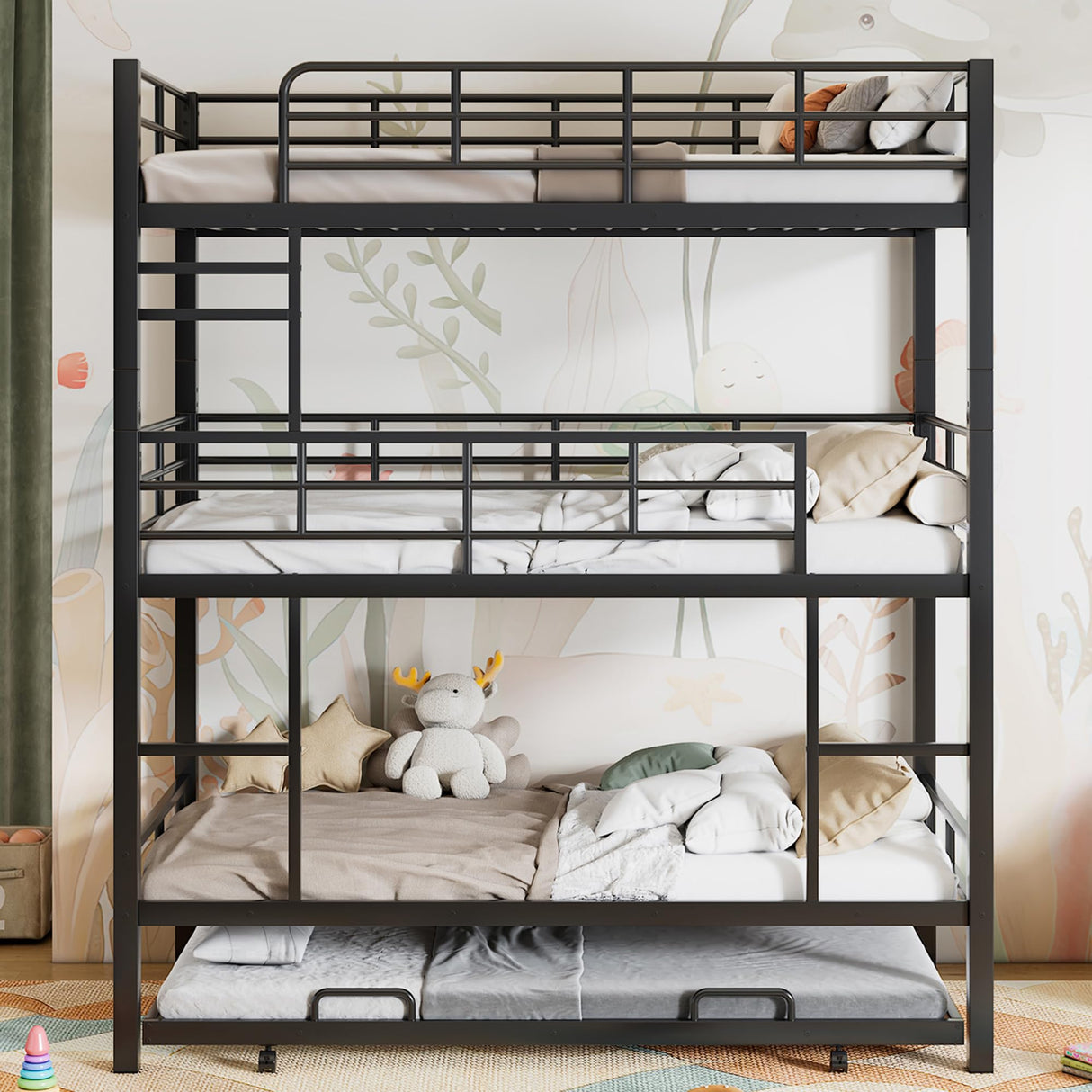 Zyerch Metal Twin Size Triple Bunk Bed with Trundle for 4, Twin Over Twin Over Twin 3 Bunk Beds with 2 Ladders & Guardrails, Convertible to 3 Separate Beds for Kids Teens, Bedroom Homestay, Black Zyerch
