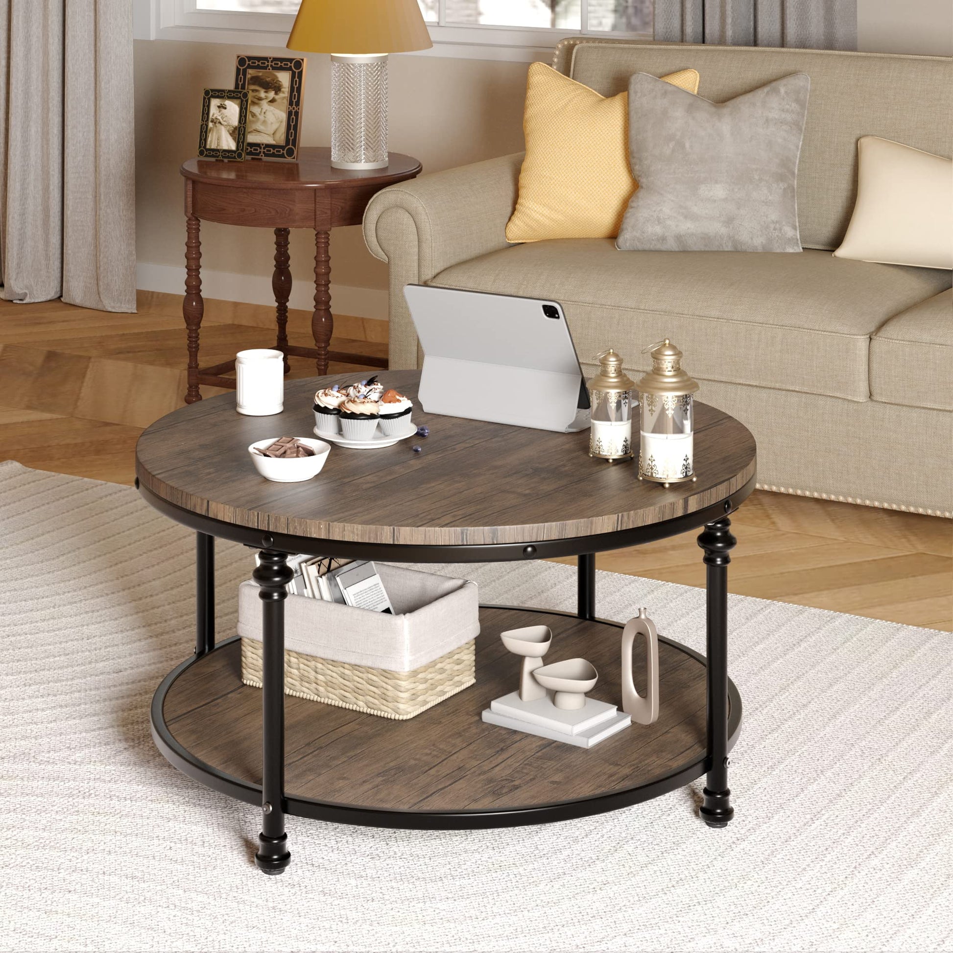 IDEALHOUSE Round Coffee Table for Living Room Rustic Center Table with Storage Shelf Wood Circle Coffee Table with Sturdy Metal Legs, Easy Assembly(Light Walnut) - WoodArtSupply