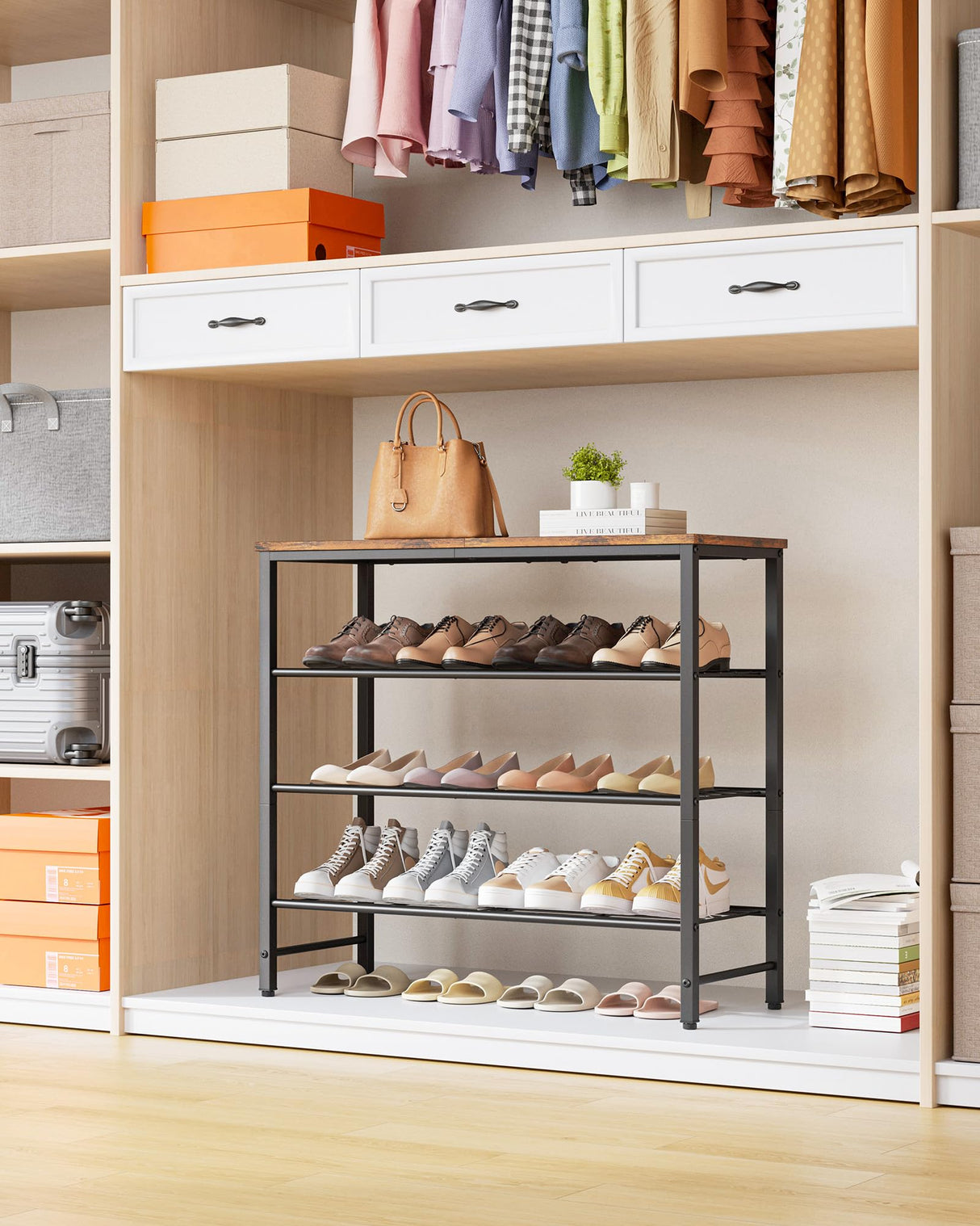 Kitsure Shoe Rack for Closet, Rustic Brown Shoe Organizer with Leveling Feet, Sturdy & Rust-Proof Shoe Storage for Entryway, Bedroom, Living Room, 29.5" x 11.4" x 24.8", Brown Kitsure