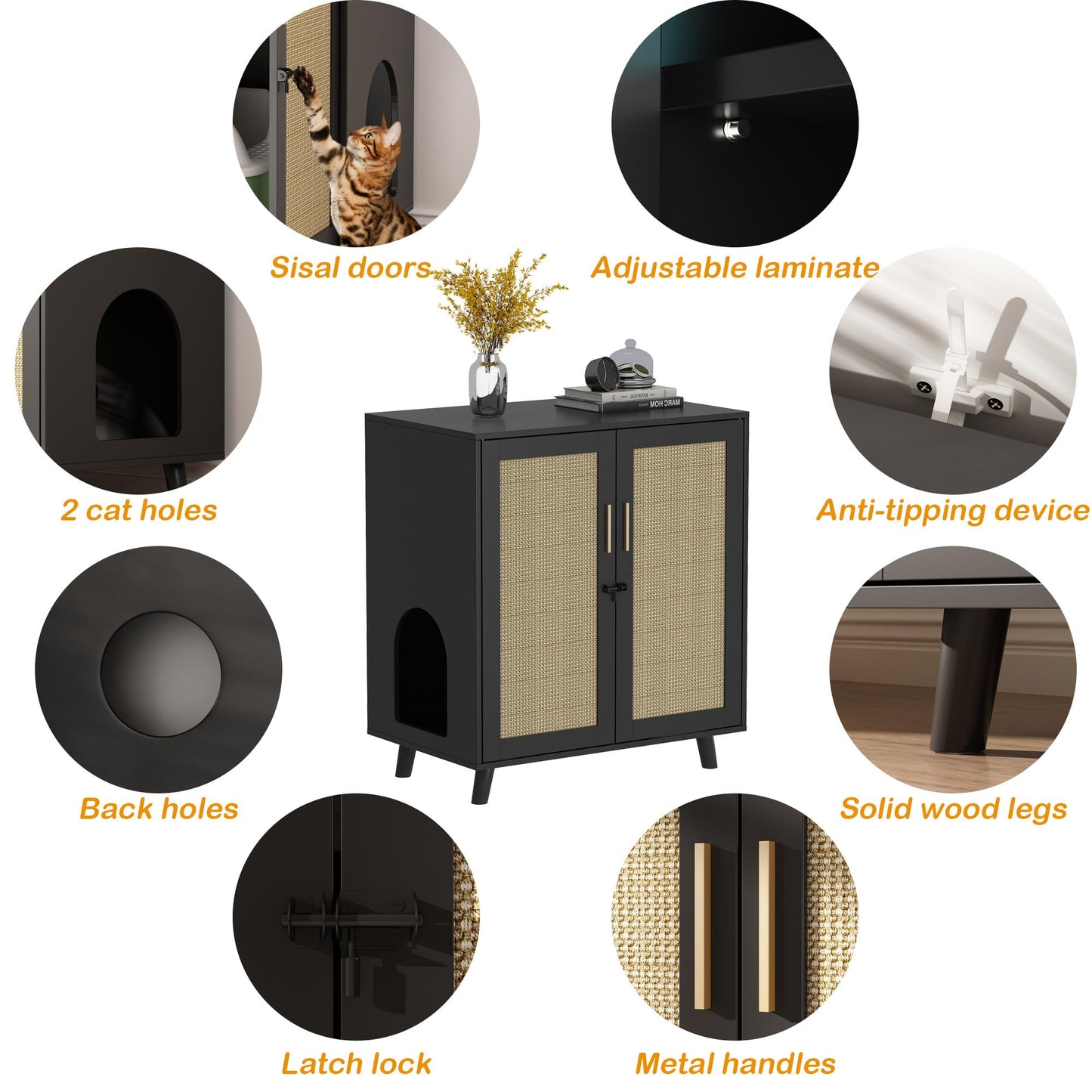 Lovinouse Large Cat Litter Box Enclosure,Hidden Kitty Litter Furniture with Sisal Covered Doors,2-Layer Wooden Cat Washroom Cabinet w/Adjustable Shelf, Side Table for Living Room,Black