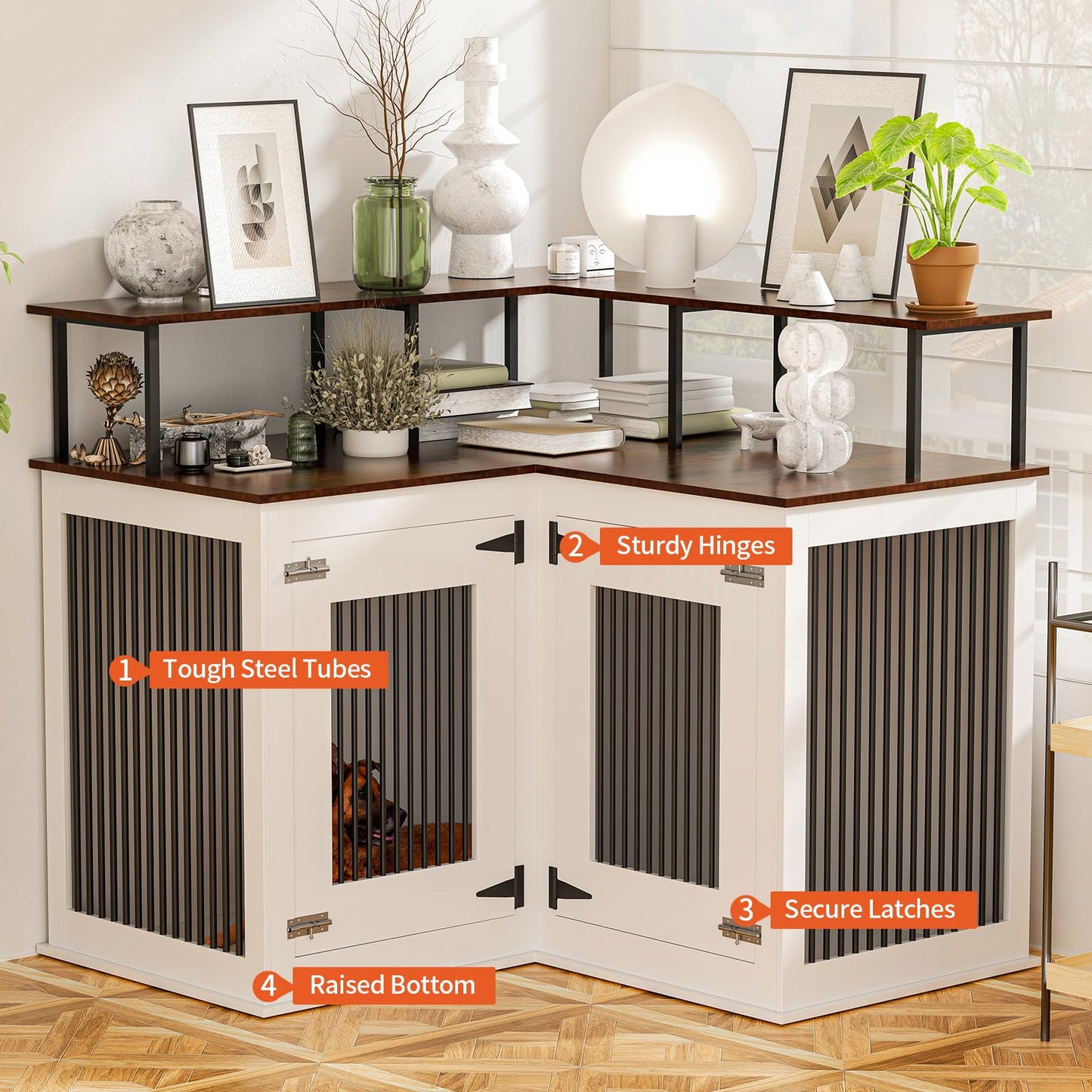 Corner Dog Crate Furniture, Decorative Dog Crate with Double Door Wooden Dog Crate Kennel Furniture with Divider Furniture Style Dog Crate End Table for Indoor Use (Black and White)