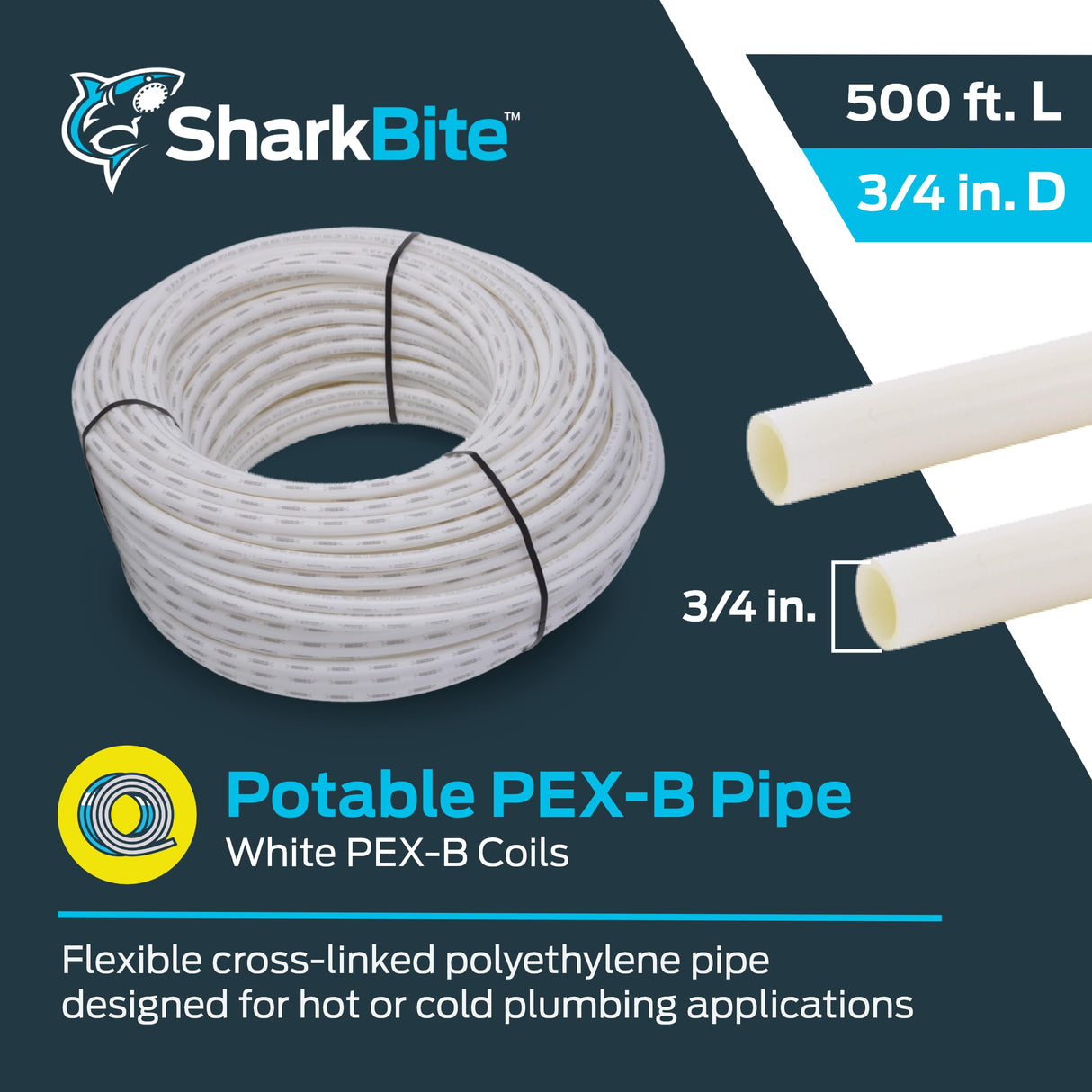 SharkBite 3/4 Inch x 500 Feet White PEX-B, PEX Pipe Flexible Water Tubing for Plumbing, U870W500 SharkBite