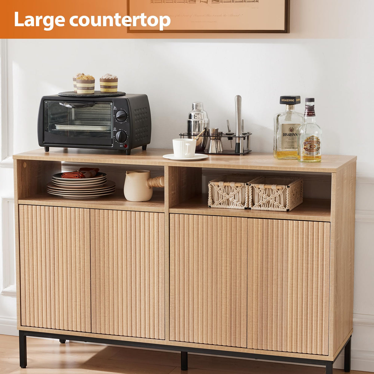 Mericonia Farmhouse Buffet Sideboard Cabinet with Storage, Fluted Natural Coffee Bar Station Table with Doors and Adjustable Shelves, Modern Wood Cupboard for Kitchen, Livingroom, Entryway Mericonia