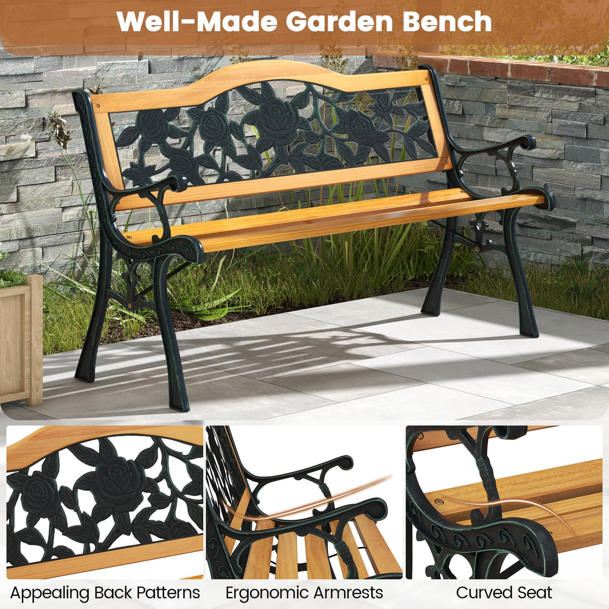 Tangkula Outdoor Garden Bench Park Bench, Patio Furniture Bench Chair with Cast Iron & Hardwood Structure, Weather Proof Porch Loveseat, Perfect for Backyard, Deck, Lawn, Poolside Tangkula