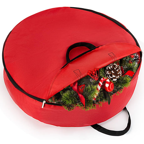 24 Inch RAINFLOW Christmas Wreath Storage Container - Heavy Duty Wreath Storage Bag With Handles Red Thickened Nonwoven Fabric Ideal For Household Organization Halloween Holiday Ornament Storage RAINFLOW
