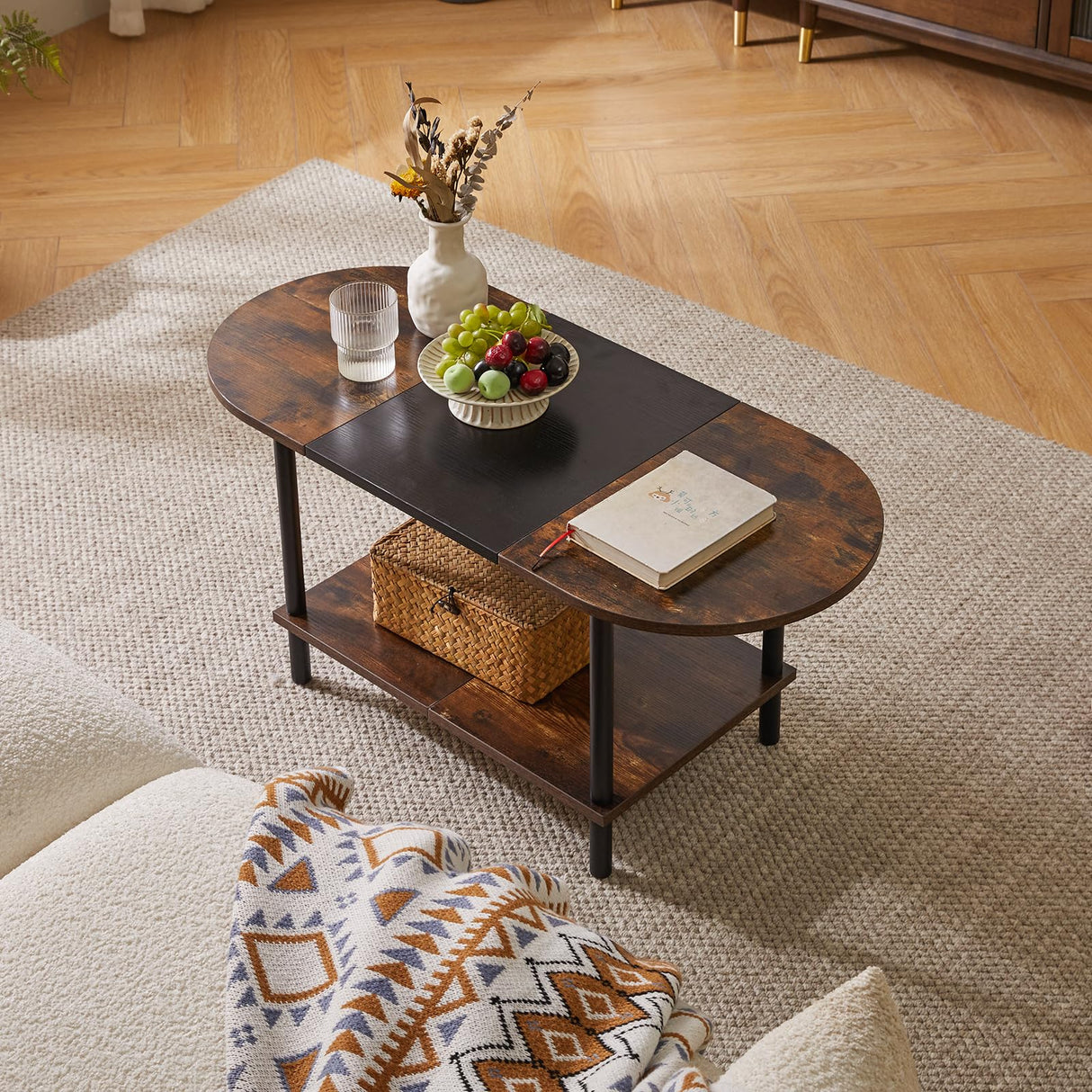 Aibiju Mid Century Modern Coffee Table, Rustic Coffee Table Unique Color Contrast Design, 2-Tier Center TV Table 35x16x17in Rustic Brown + Black YD-011BH Aibiju