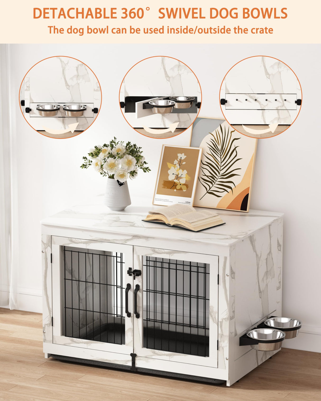 Piskyet Wooden Dog Crate Furniture with 360°Rotatable Removable Dog Bowls, Dog Crate End Table with Tray, Double Doors Dog Kennels forDogs(L:37.7" L*25.1" W*26.1" H, Marble White) Piskyet