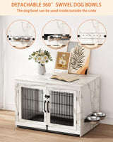Piskyet Wooden Dog Crate Furniture with 360°Rotatable Removable Dog Bowls, Dog Crate End Table with Tray, Double Doors Dog Kennels forDogs(L:37.7" L*25.1" W*26.1" H, Marble White) Piskyet