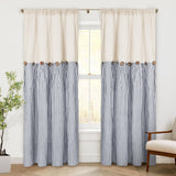 ASPMIZ Cotton Linen Farmhouse Curtains Boho Rustic Button Drapes, Linen Window Curtain Panels, Blue Stripe Country Curtain for Living Room, Modern Back Tab Blackout Curtains 52 x 84 Inch, 2 Panels ASPMIZ