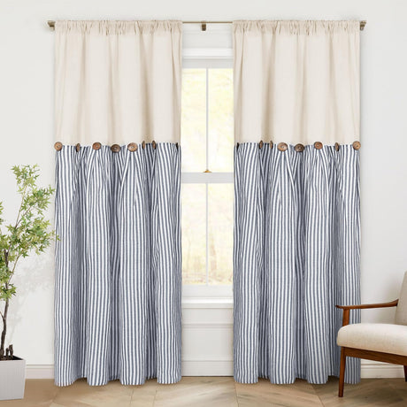 ASPMIZ Cotton Linen Farmhouse Curtains Boho Rustic Button Drapes, Linen Window Curtain Panels, Blue Stripe Country Curtain for Living Room, Modern Back Tab Blackout Curtains 52 x 84 Inch, 2 Panels ASPMIZ