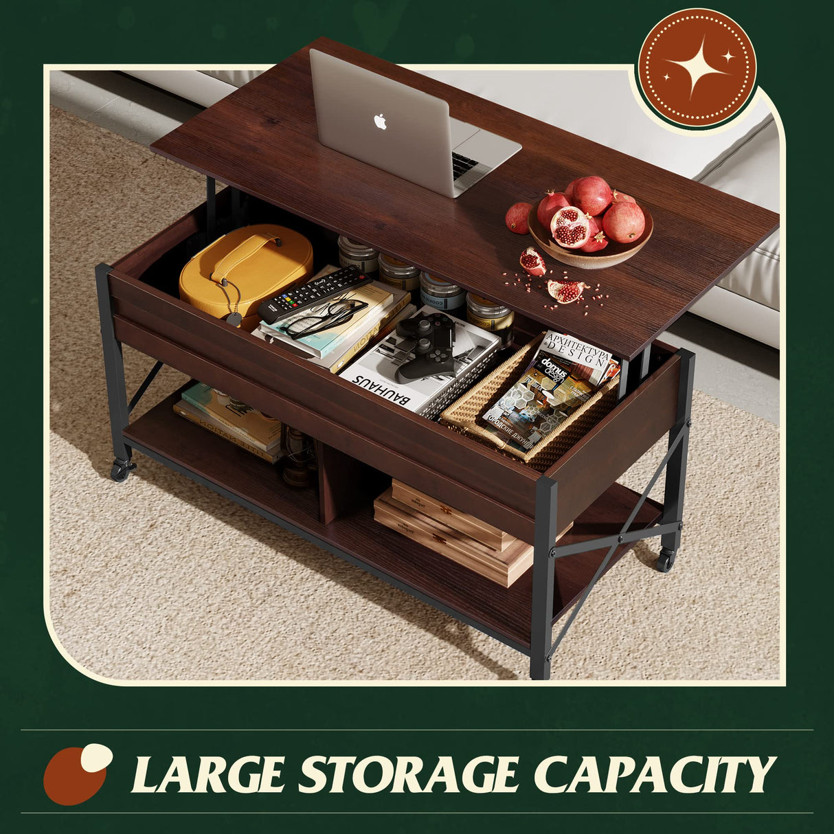 WLIVE Lift Top Coffee Table for Living Room, Coffee Table with Storage, Hidden Compartment and Metal Frame, Central Table with 4 Casters for Reception Room, Espresso WLIVE