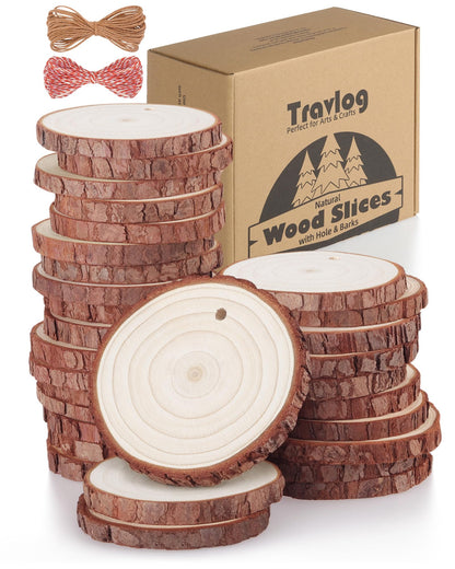 Travlog Unfinished Wood Slices with Hole, Natural Wood Circles Blank with Bark for DIY Crafts, Home Decor, Christmas Ornament (30Pcs, 2.4-2.8 Inch)