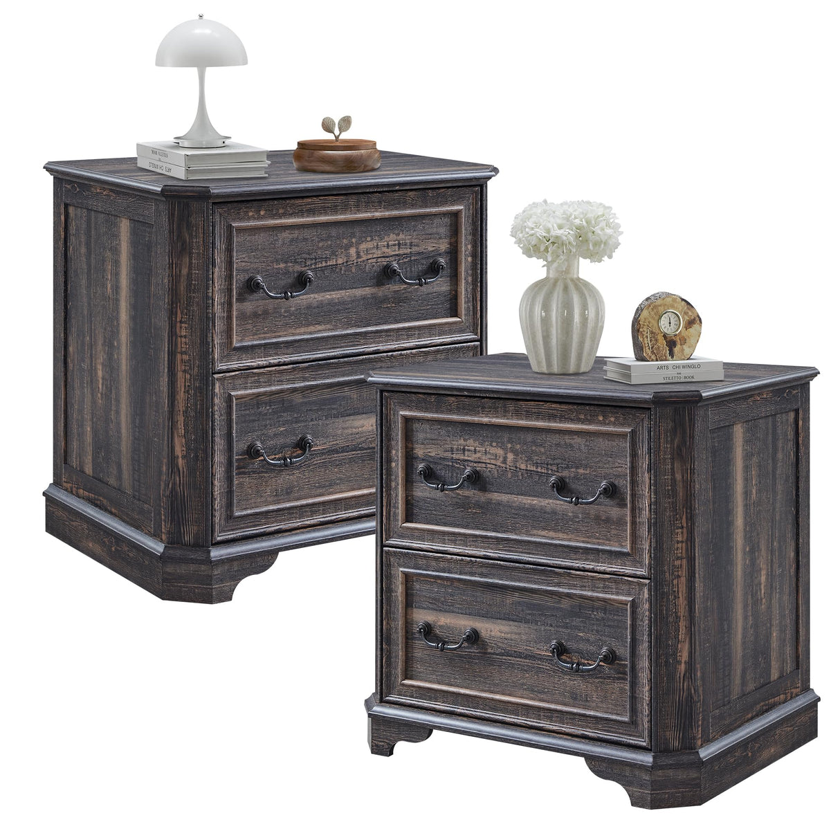 T4TREAM 30" Farmhouse Nightstand Set of 2 w/Wooden Tabletop, Large End Table, 2 Spacious Drawers Bedside Table w/Framed Drawer Fronts Design, Side Table for Bedroom, Living Room, Dark Rustic Oak T4TREAM