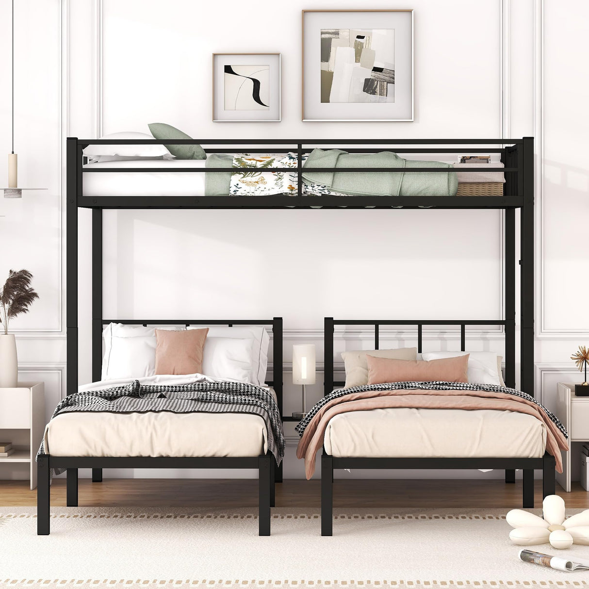 Twin Over Twin Over Twin Triple Bunk Bed for Kids,3 Bed Bunk Beds for 3,Metal Triple Bunk Beds with Built-in Desk,Separates Into 3 Twin Beds,Noise Reduced Structure,Black Bellemave