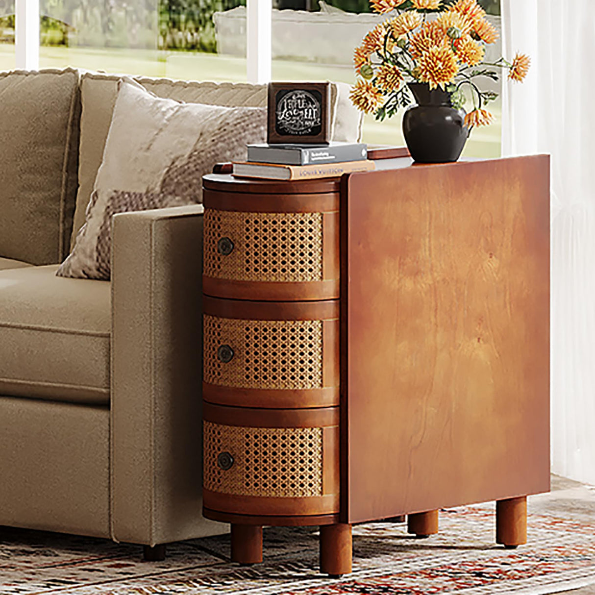 Tribesigns Solid Wood End Table, 3-Drawer Rattan Side Table, Night Stand with 3 Rattan Drawers and Exquisite Embossed Handles for Living Room, No Assembly Required (Walnut & Oak, 1PC) Tribesigns