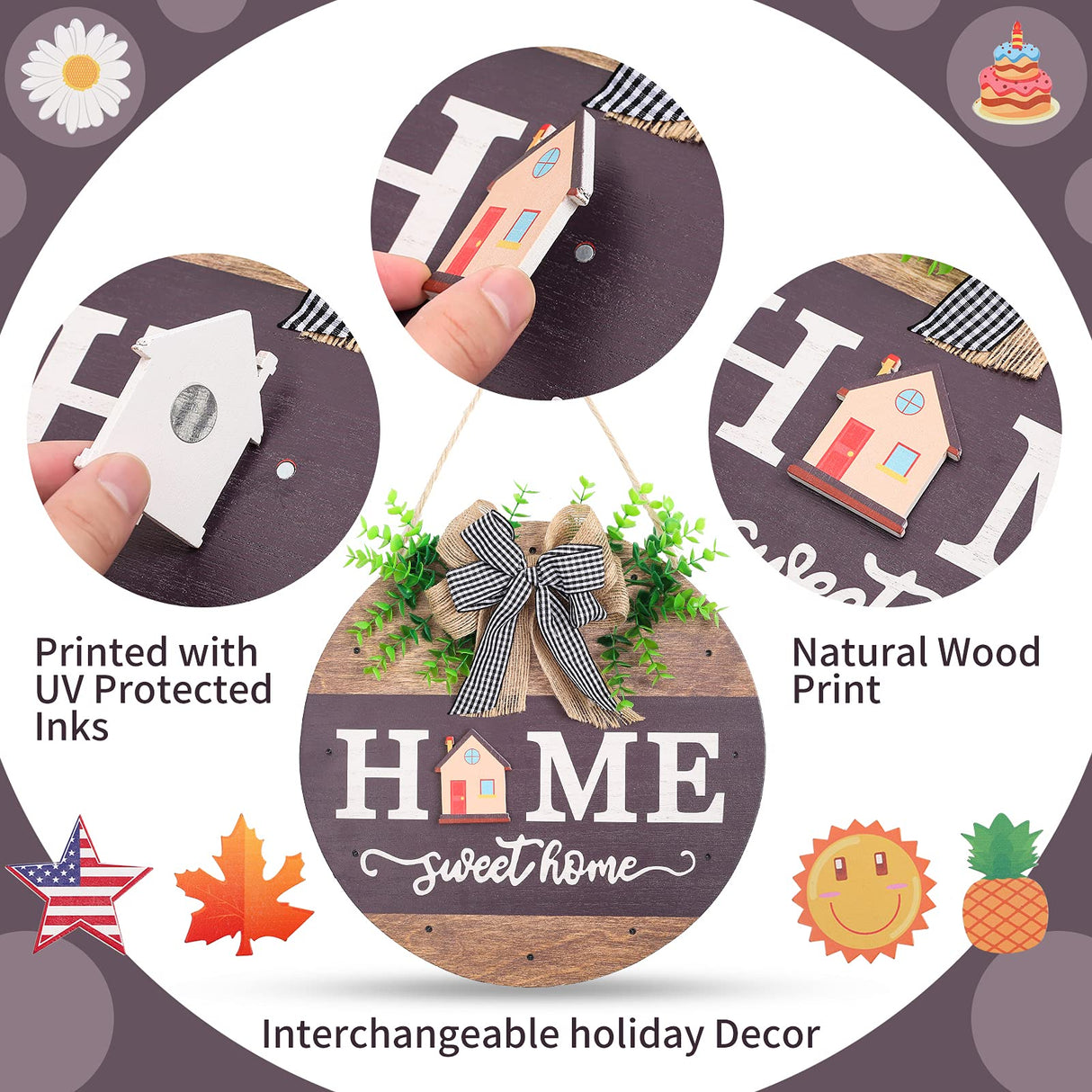 Interchangeable Welcome Sign for Front Door with 14 Changeable Icons, Farmhouse Front Porch Decor Rustic Wooden Wall Sign with 12 LED Lights, Outdoor Seasonal Welcome Home Decorations (Wood home1) HOMCDALY