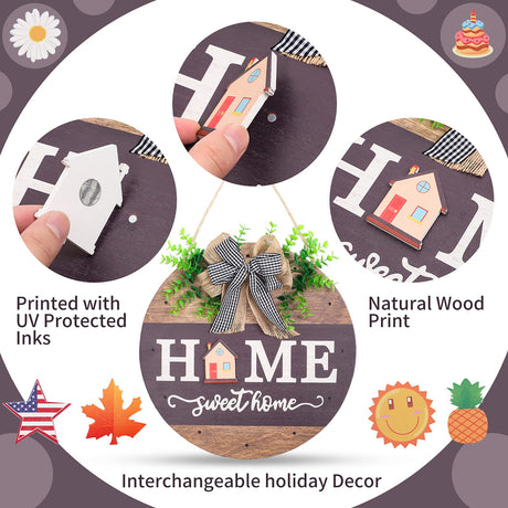 Interchangeable Welcome Sign for Front Door with 14 Changeable Icons, Farmhouse Front Porch Decor Rustic Wooden Wall Sign with 12 LED Lights, Outdoor Seasonal Welcome Home Decorations (Wood home1) HOMCDALY