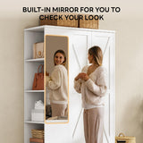 LIKIMIO Armoire Wardrobe Closet 70 Inches, Large Storage with Mirror, 2 Doors, Drawer, and Shelves, Modern Bedroom Freestanding Wooden Wardrobe Combination with Hanging Rail, White LIKIMIO